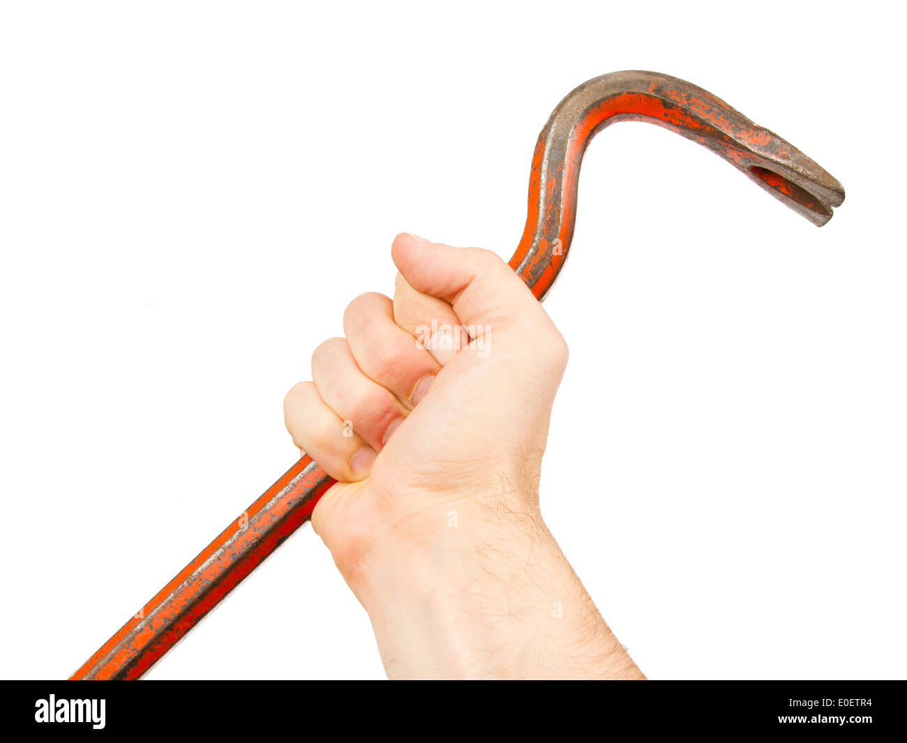 Hand holding old red crowbar on a white background Stock Photo Alamy