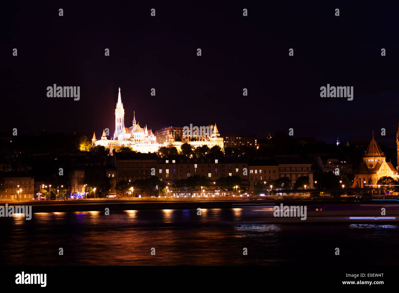 Fisherman's Bastion near Danube river at night Stock Photo