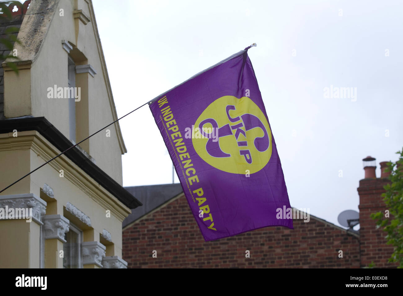 London UK. 11th May 2014. A flag of the (UKIP) United Kingdom Independence Party flies from a residence in London to show support ahead of European elections on 22nd May 2014 Stock Photo