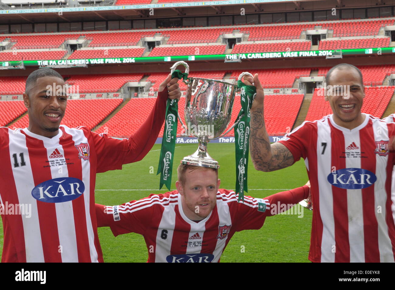 London, UK. 10th May, 2014. Sholing  FC players and fans celebrate winning the 2014 FA Vase at Wembley, London, UK.  Sholing Town FC are based in Hampshire and are this year's Champions of the Wessex Premier League played West Auckland Town FC who are based in County Durham and finished 5th in the second oldest football league in the world, in an absorbing final, with Sholing Town FC taking the honour of  lifting the FA Vase at Wembley. Credit:  Flashspix/Alamy Live News Stock Photo