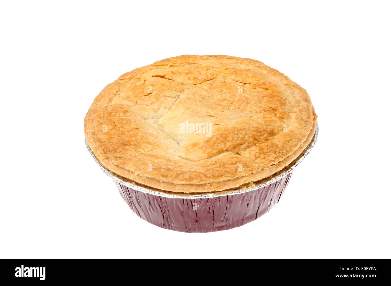 Cooked pie in a tin foil dish isolated against white Stock Photo Alamy
