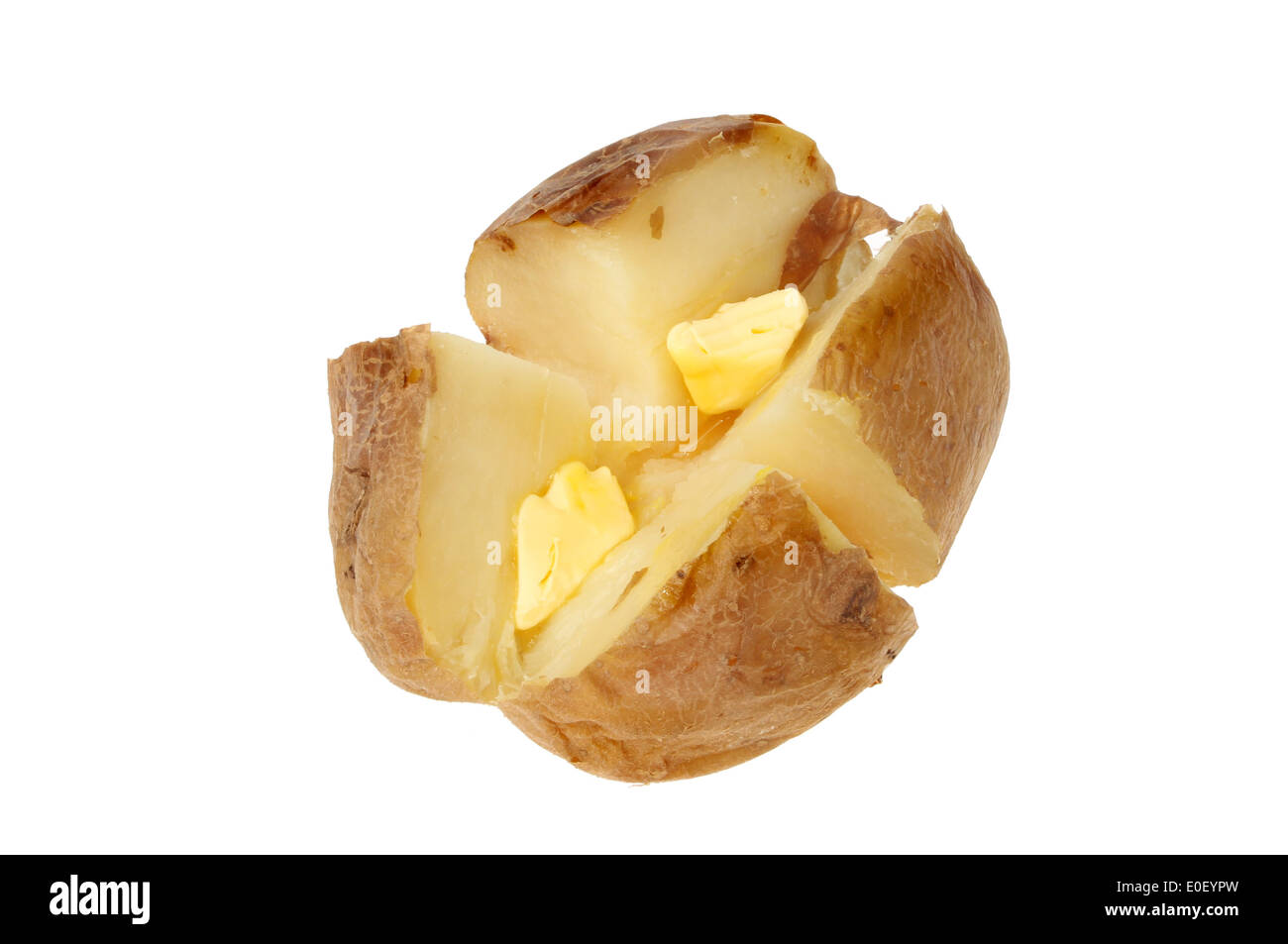 Baked potato with butter isolated against white Stock Photo