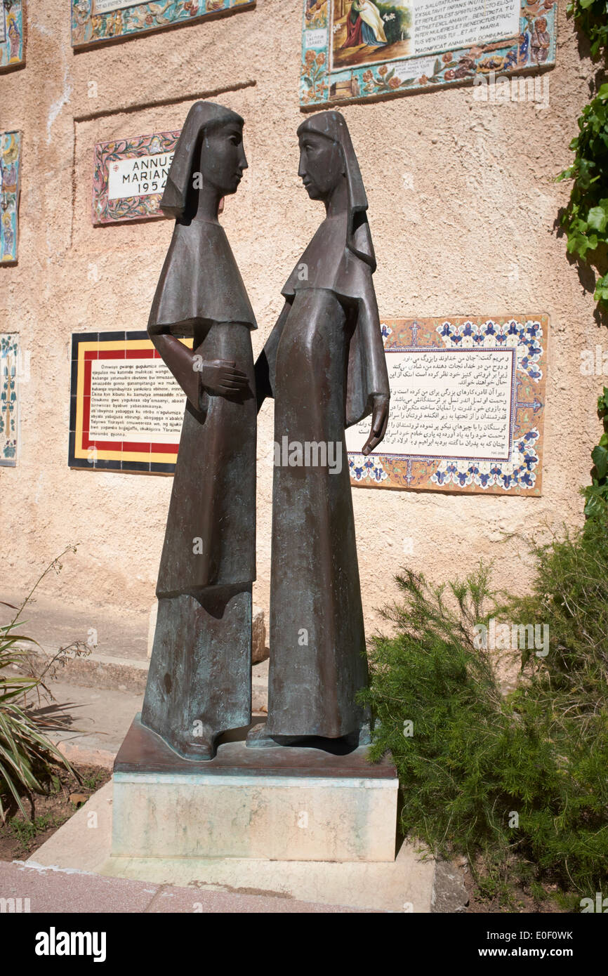 Statue of Our Lady meeting with Elizabeth at the Church of the Visitation in Ein Karem, Israel Stock Photo