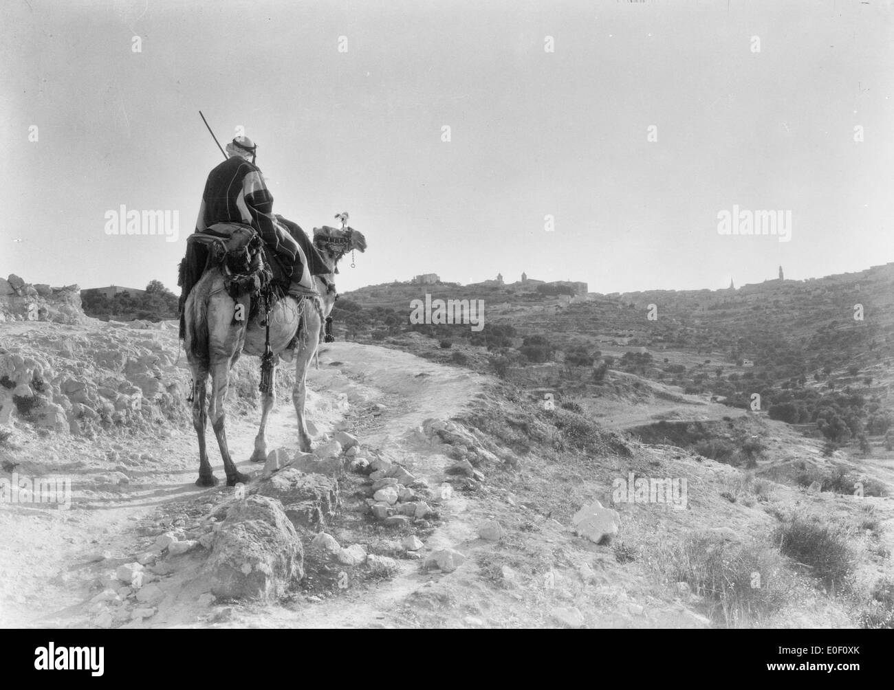 Bethlehem and surroundings. Evening on road to Bethlehem. Camel-rider approaching Bethlehem in the twilight, circa 1920 Stock Photo