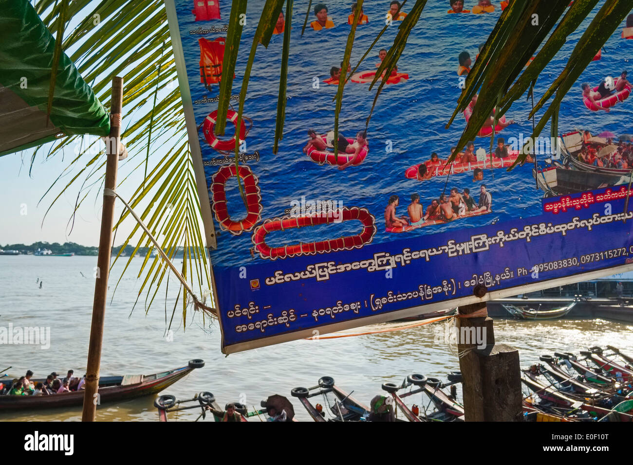 Poster with safety instructions at the jetty, Yangon, Myanmar, Asia Stock Photo