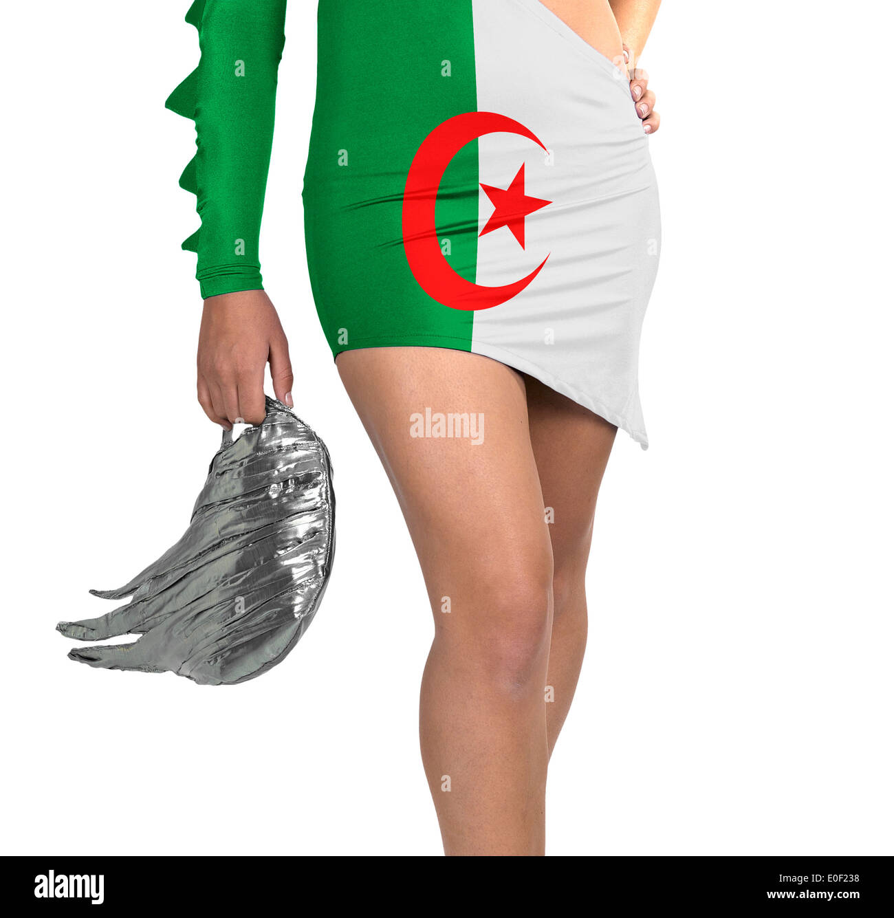 Futuristic young woman with flag from Algeria on her dress on white background Stock Photo