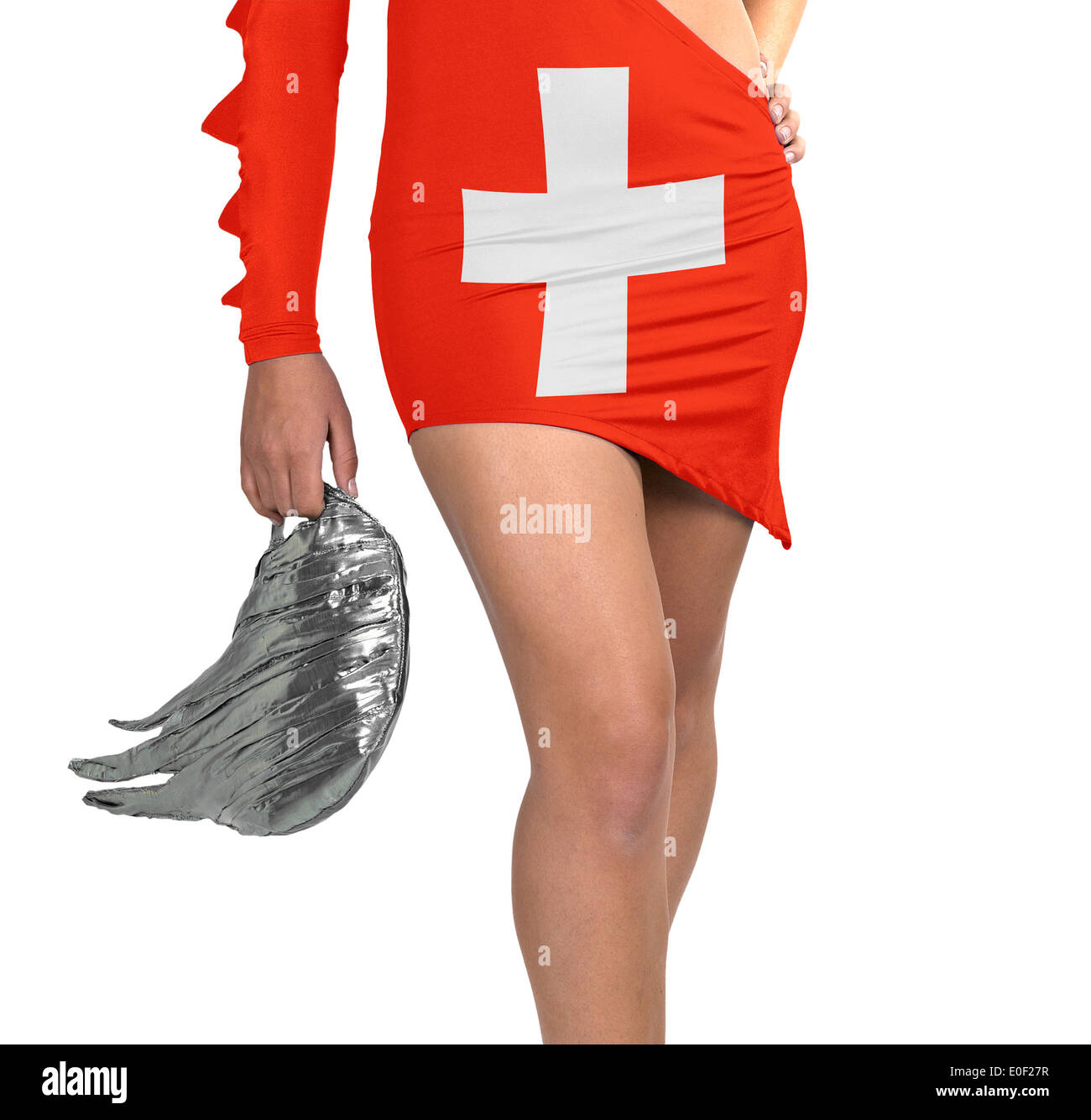Futuristic young woman with flag from Switzerland on her dress on white background Stock Photo