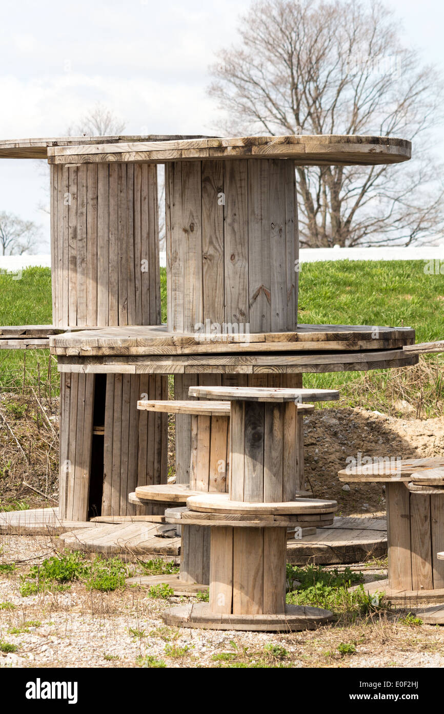 Empty wood telephone cable spools Stock Photo Alamy