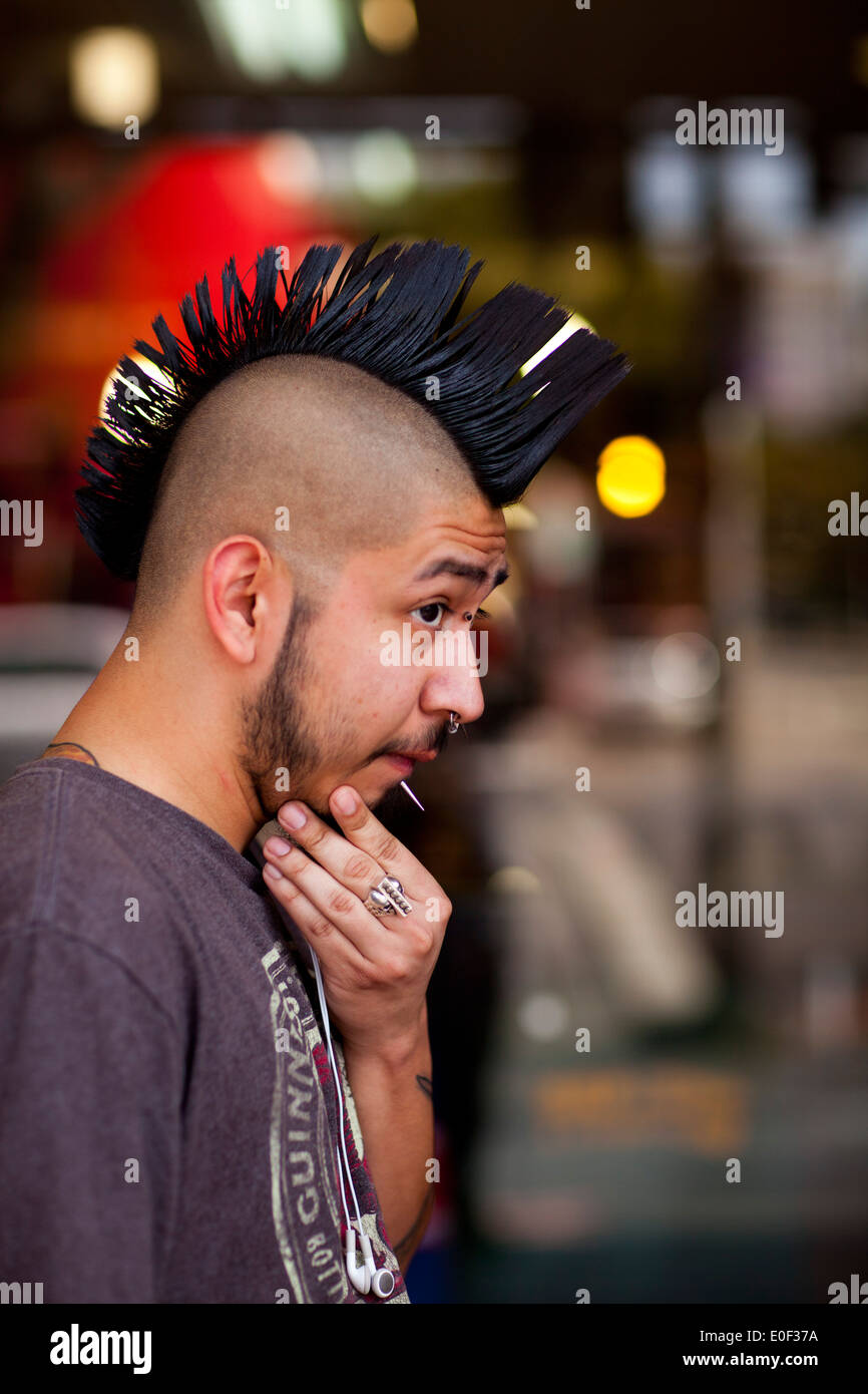 A man with a mohawk, Hollywood Boulevard, Hollywood, Los Angeles, California, United States of America Stock Photo