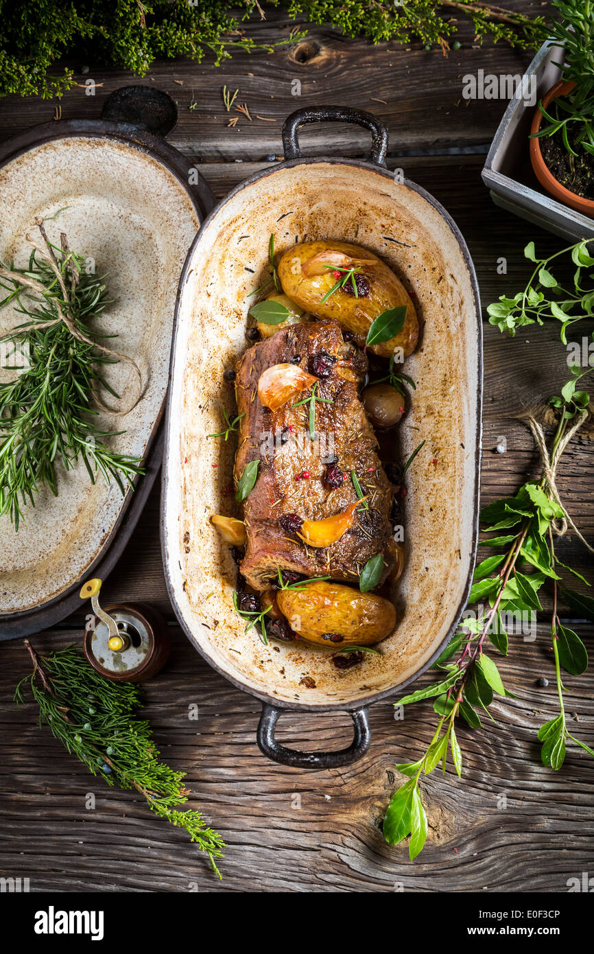 Roasted venison with vegetables Stock Photo Alamy