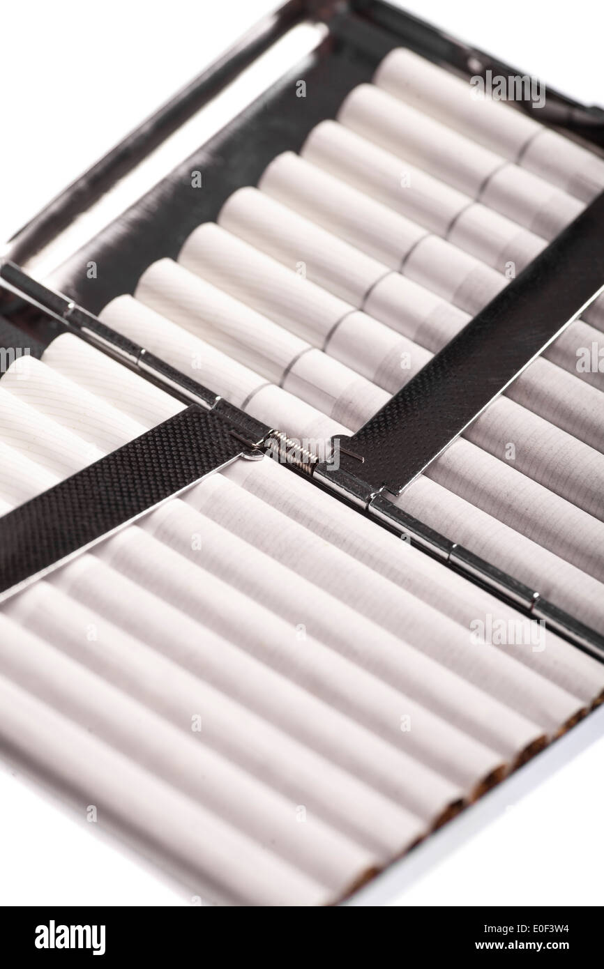 Color detail of a cigarette case with white cigarettes. Stock Photo