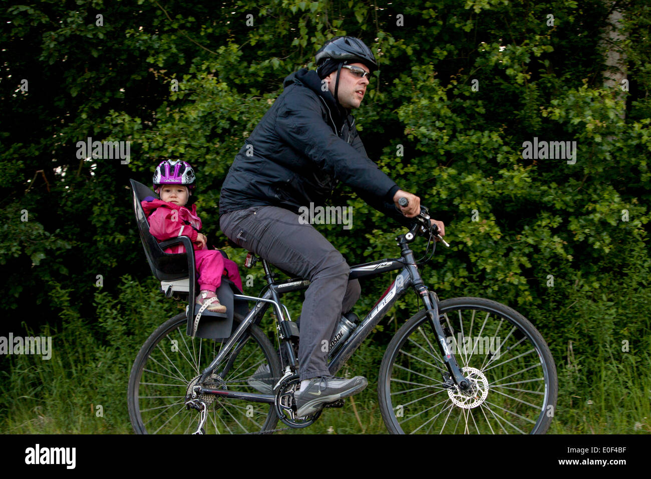 Father with child cycling, toddler bike helmet, bicycle seat Czech Republic, Europe Stock Photo
