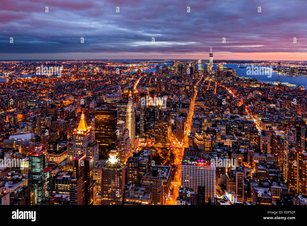 Aerial view over New York at dusk Stock Photo