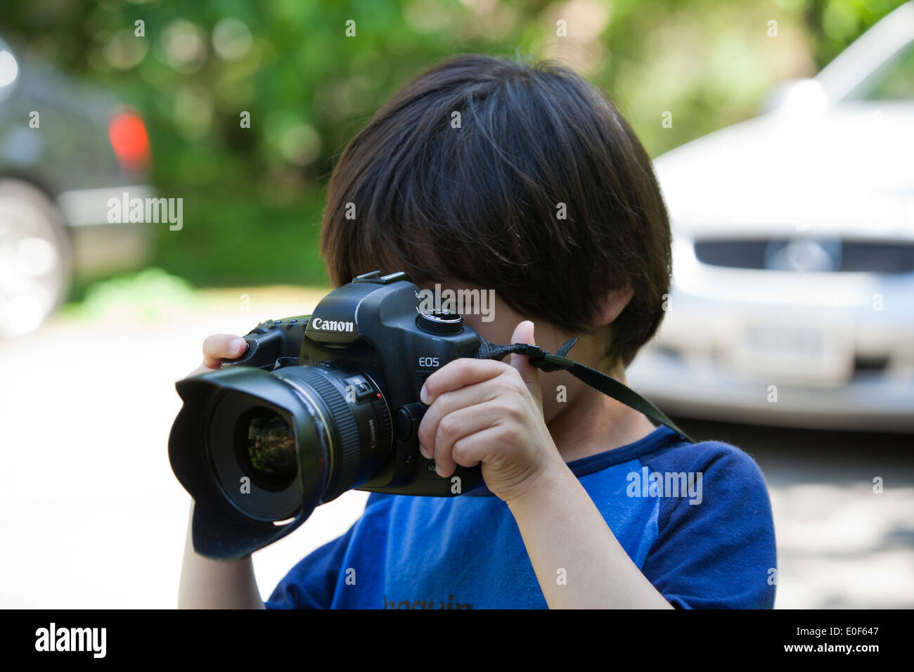 Child photographer, aged 5, using DSLR camera - USA Stock Photo