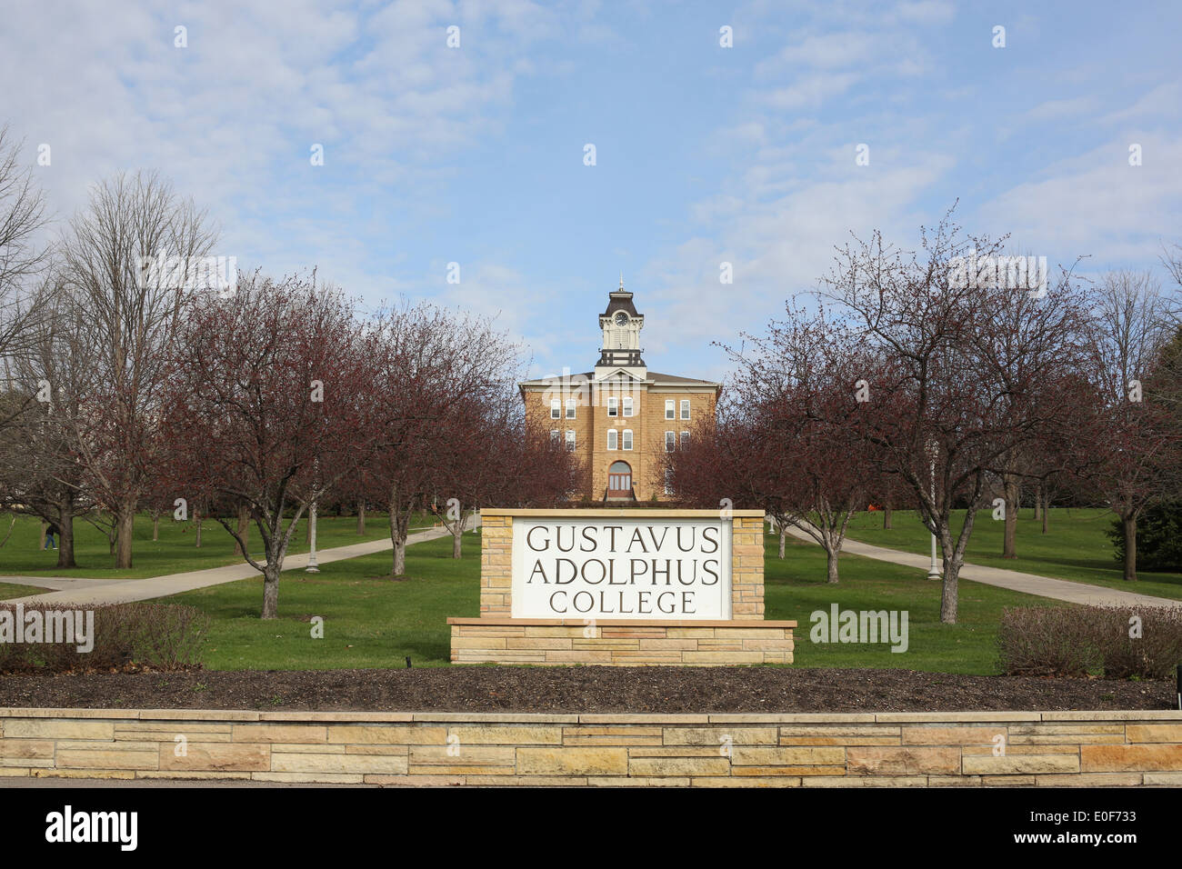The entrance to Gustavus Adolphus College in St. Peter, Minnesota. Stock Photo