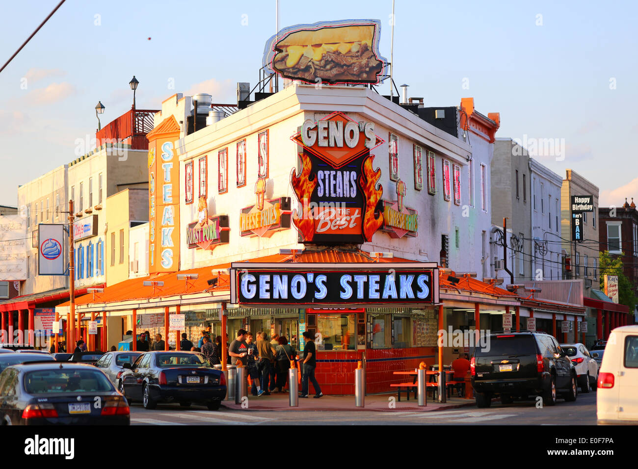 Geno's Steaks, 1219 S 9th St, Philadelphia, PA. exterior storefront of a cheesesteak eatery in passyunk square. Stock Photo