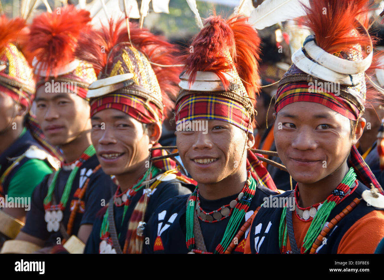 Pangmi men with colourful head decoration. Stock Photo