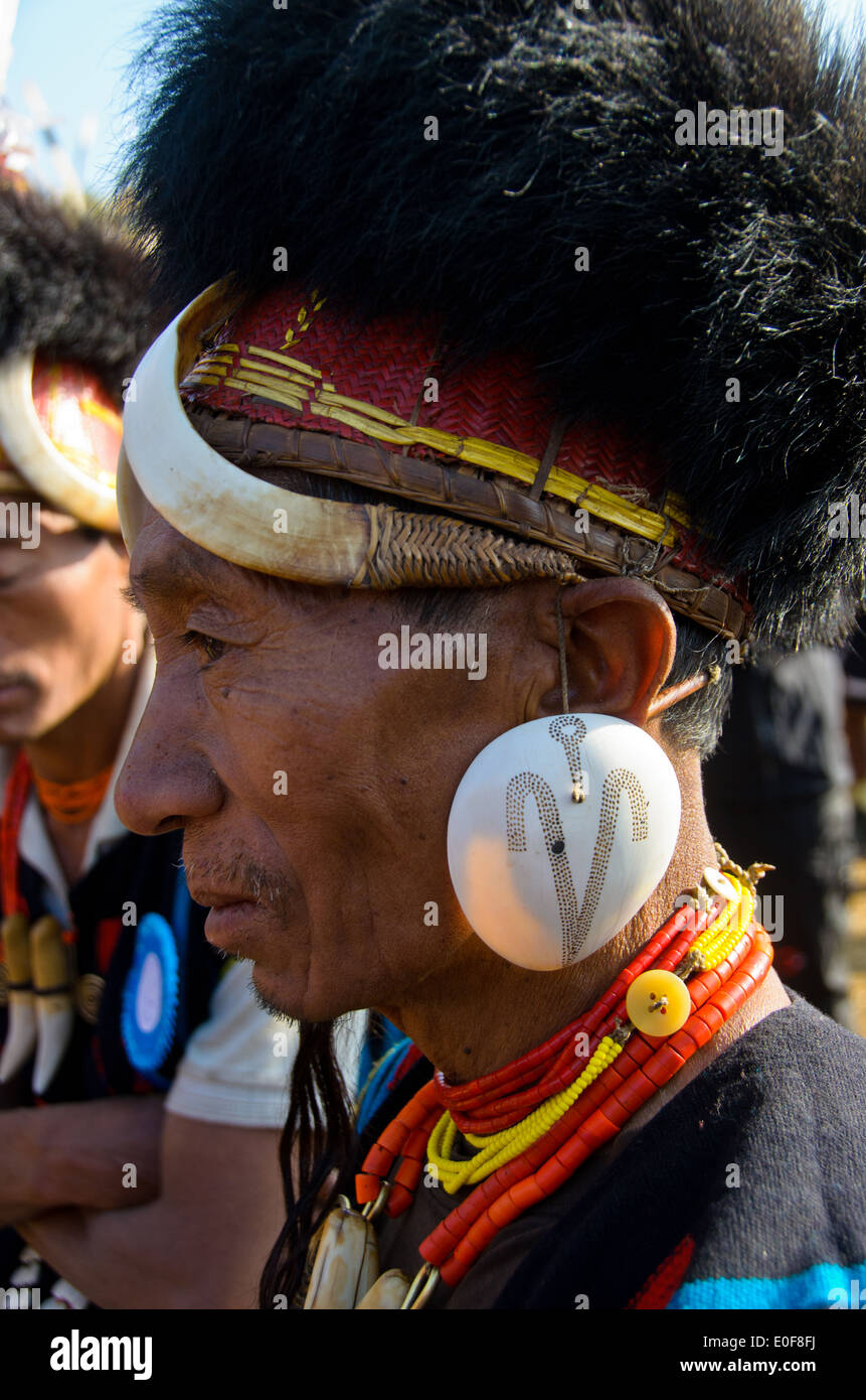 Khiamniungan man with boar tusks and ear ornaments of shell. Stock Photo