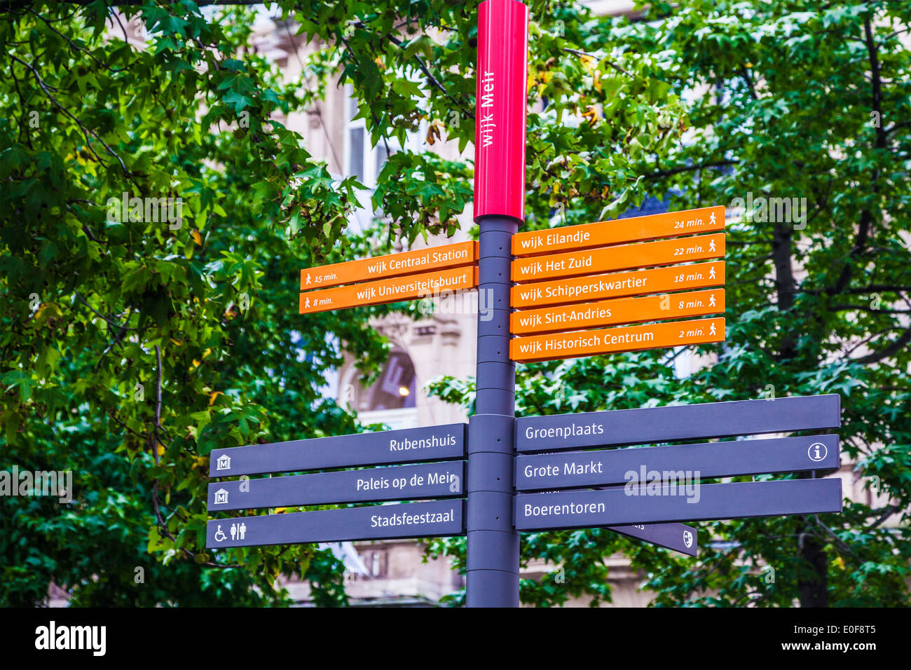 Signpost showing directions and walking times to various places of interest in Antwerp, belgium. Stock Photo