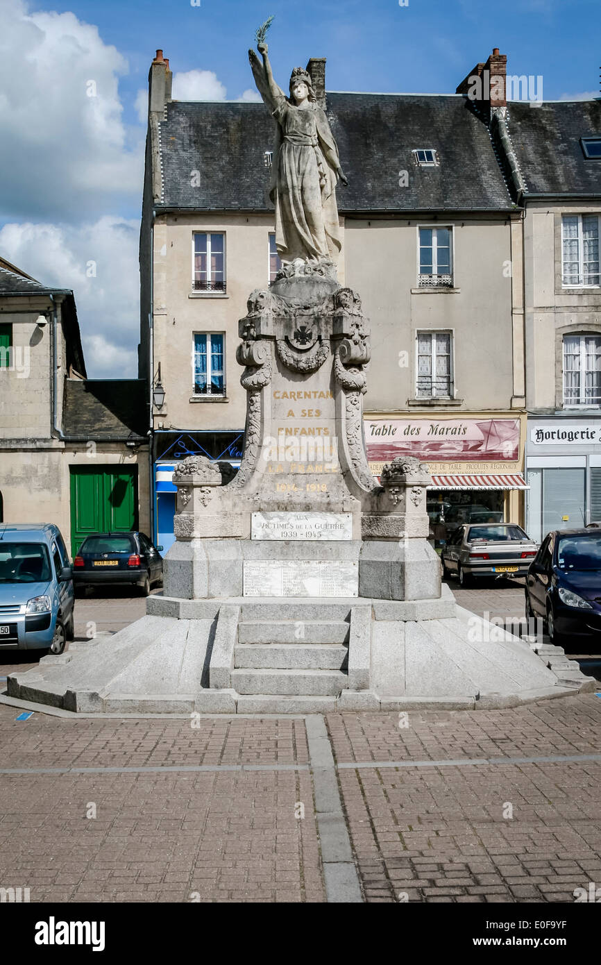 Statue in Carentan, Normandy, France. The statue is famous for a photo of the 101st airborne sitting near it during D-day battle Stock Photo