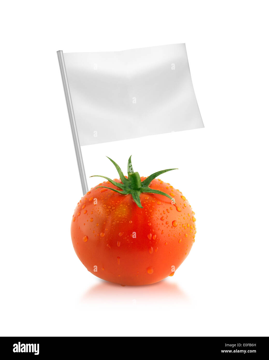 Healthy and organic food concept. Fresh Tomato with flags showing the benefits or the price of fruits. Stock Photo
