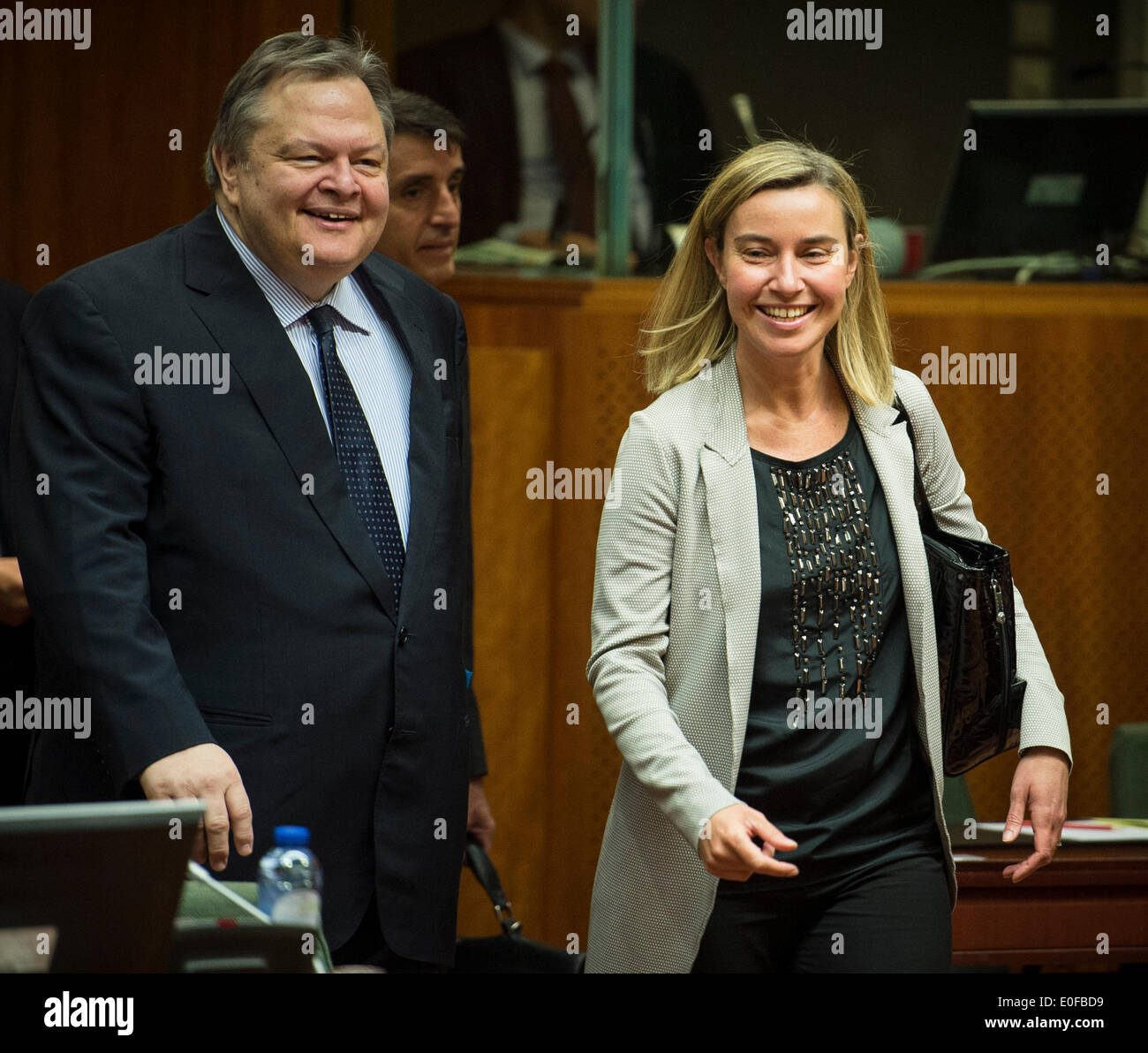Brussels, Belgium. 12th May, 2014. Greek Foreign minister Evangelos Venizelos (L) and Italian foreign affairs minister Federica Mogherini at the start of European Foreign affairs council at the EU headquarters in Brussels, Belgium on 12.05.2014 European ministers will make final preparations for the launch of a new European Institute of Peace. Credit:  Wiktor Dabkowski/ZUMAPRESS.com/Alamy Live News Stock Photo