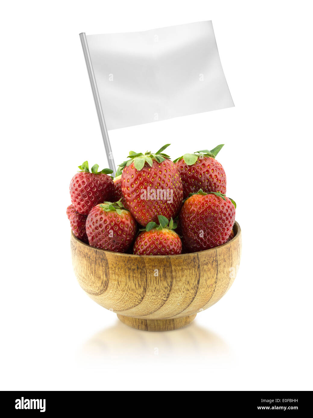 Healthy and organic food concept. Fresh Strawberries with flag showing the benefits or the price of fruits. Stock Photo