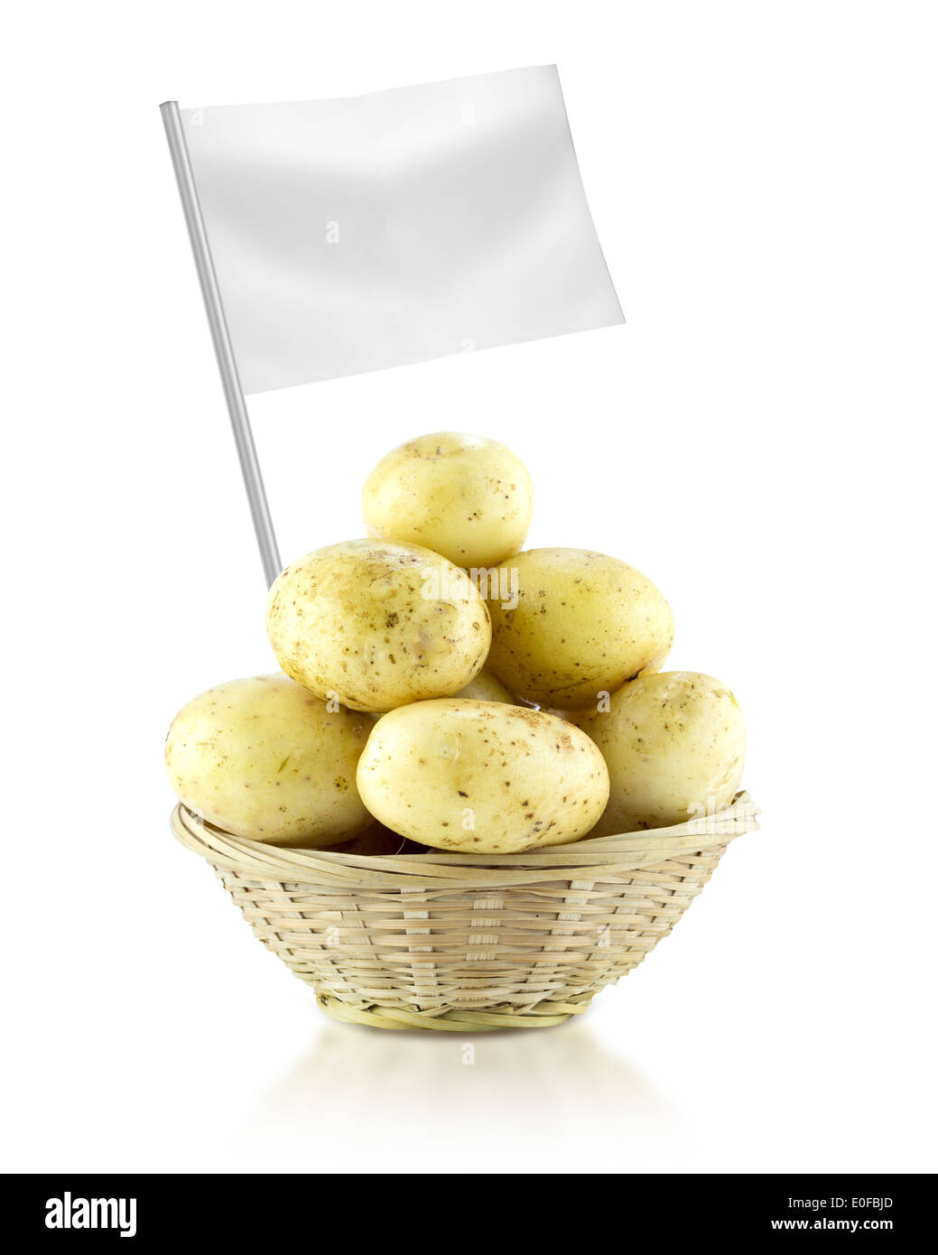 Healthy and organic food concept. Fresh Potato with flag showing the benefits or the price of fruits. Stock Photo