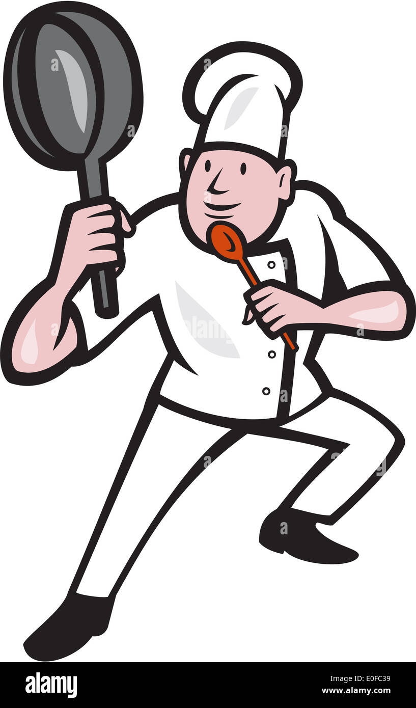 Illustration of a chef cook holding frying pan in kung fu fighting stance set inside circle on isolated background done in cartoon style. Stock Photo
