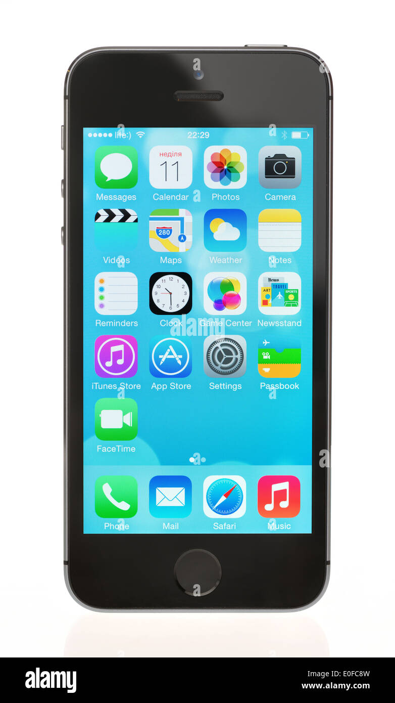 Studio shot of brand new black Apple iPhone 5S, the most advanced smartphone in part of the iPhone line. Stock Photo