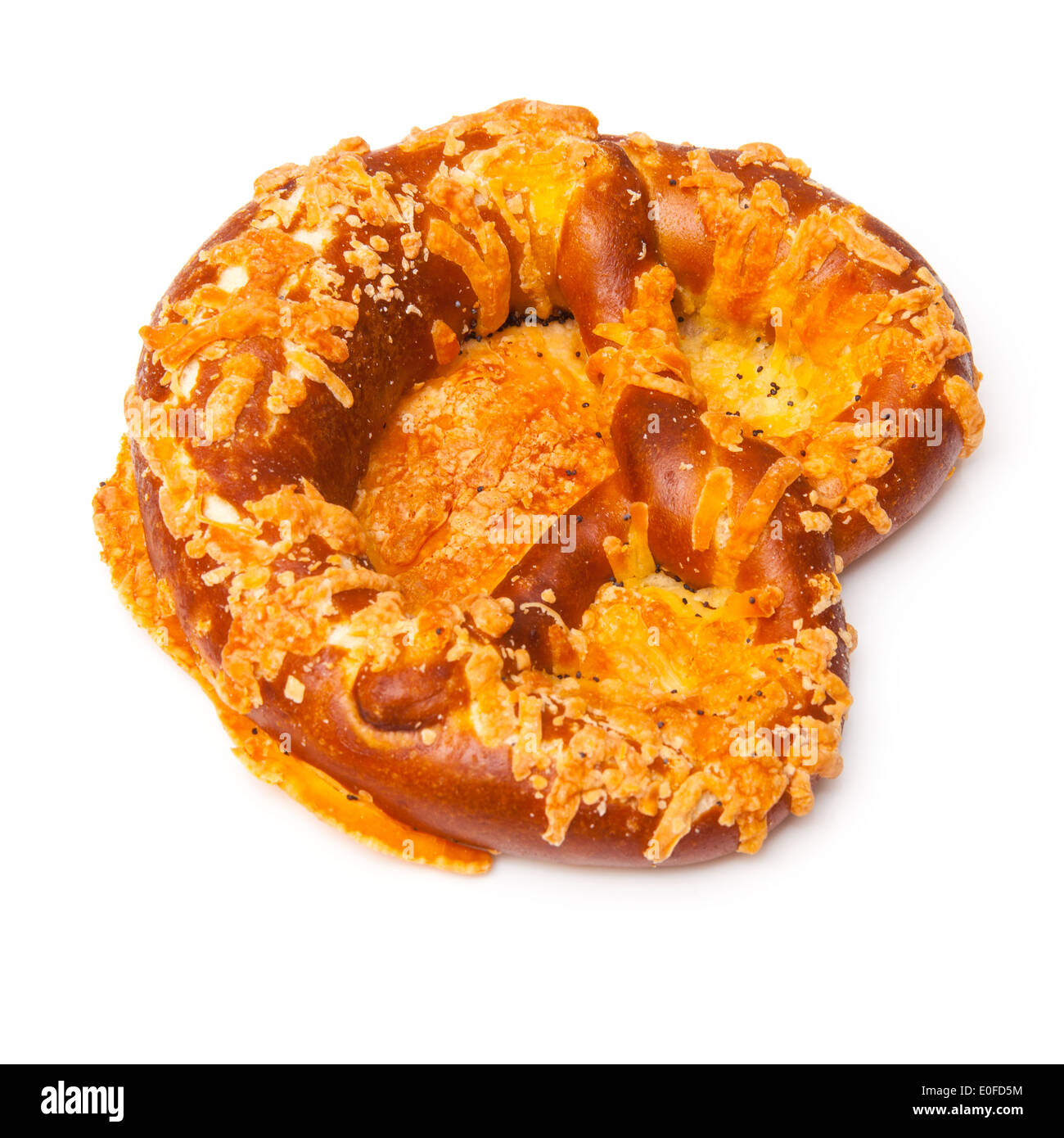 Cheese coated pretzel isolated on a white studio background. Stock Photo
