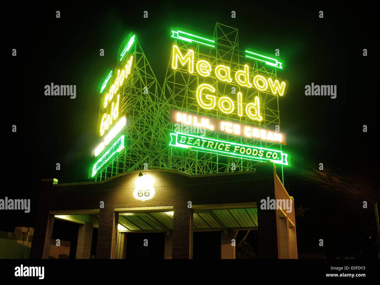 Famous Meadow Gold neon sign in Tulsa, OK, a Route 66 landmark since the 1930s Stock Photo