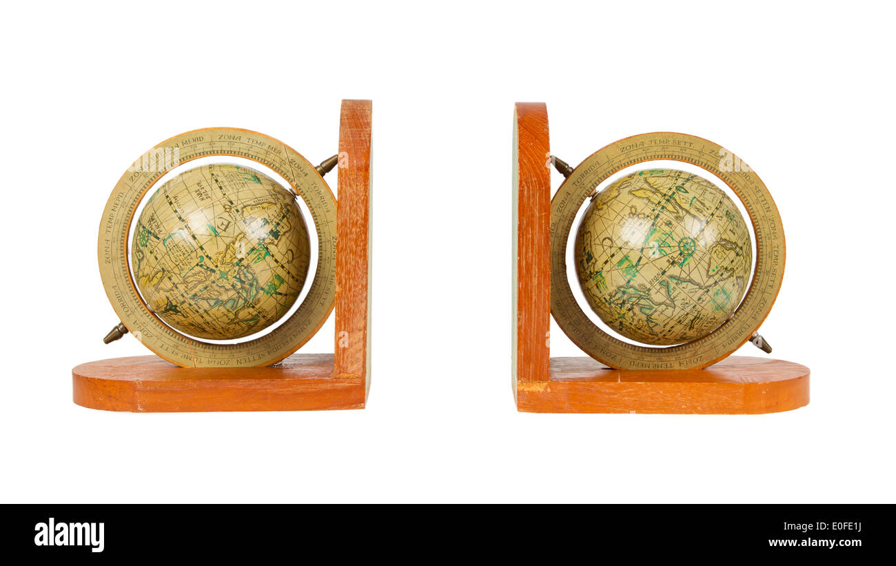 Small decorative antique globes used for books, isolated on white Stock Photo