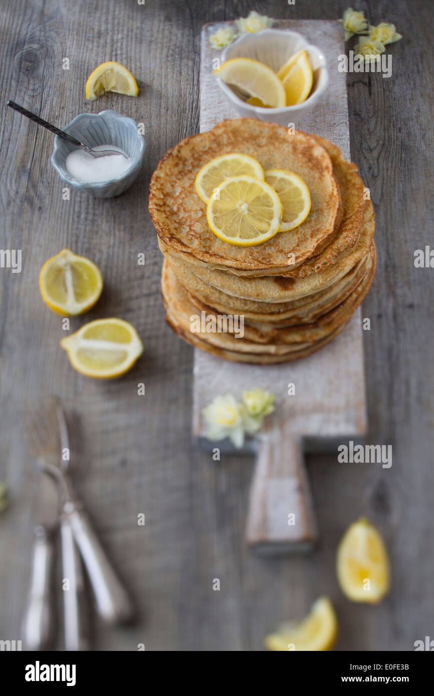 Classic Lemon and Sugar Pancakes Stock Photo