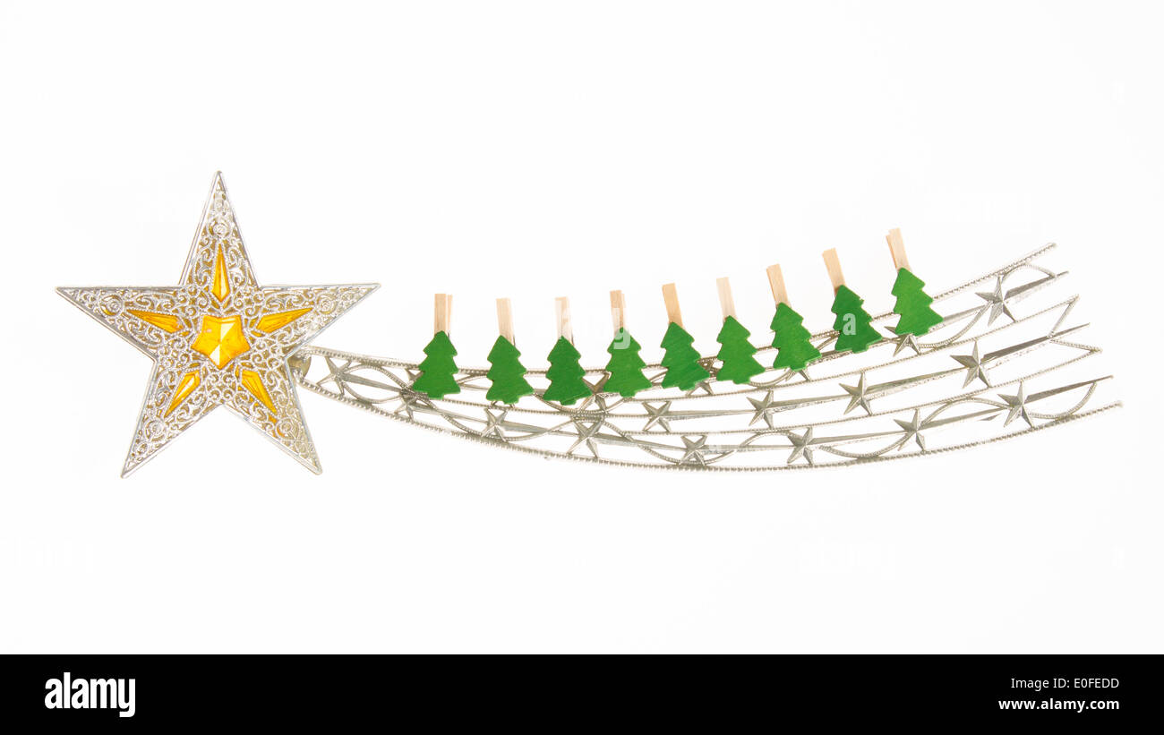 Falling star, christmas decoration with small clothing pins isolated on ...