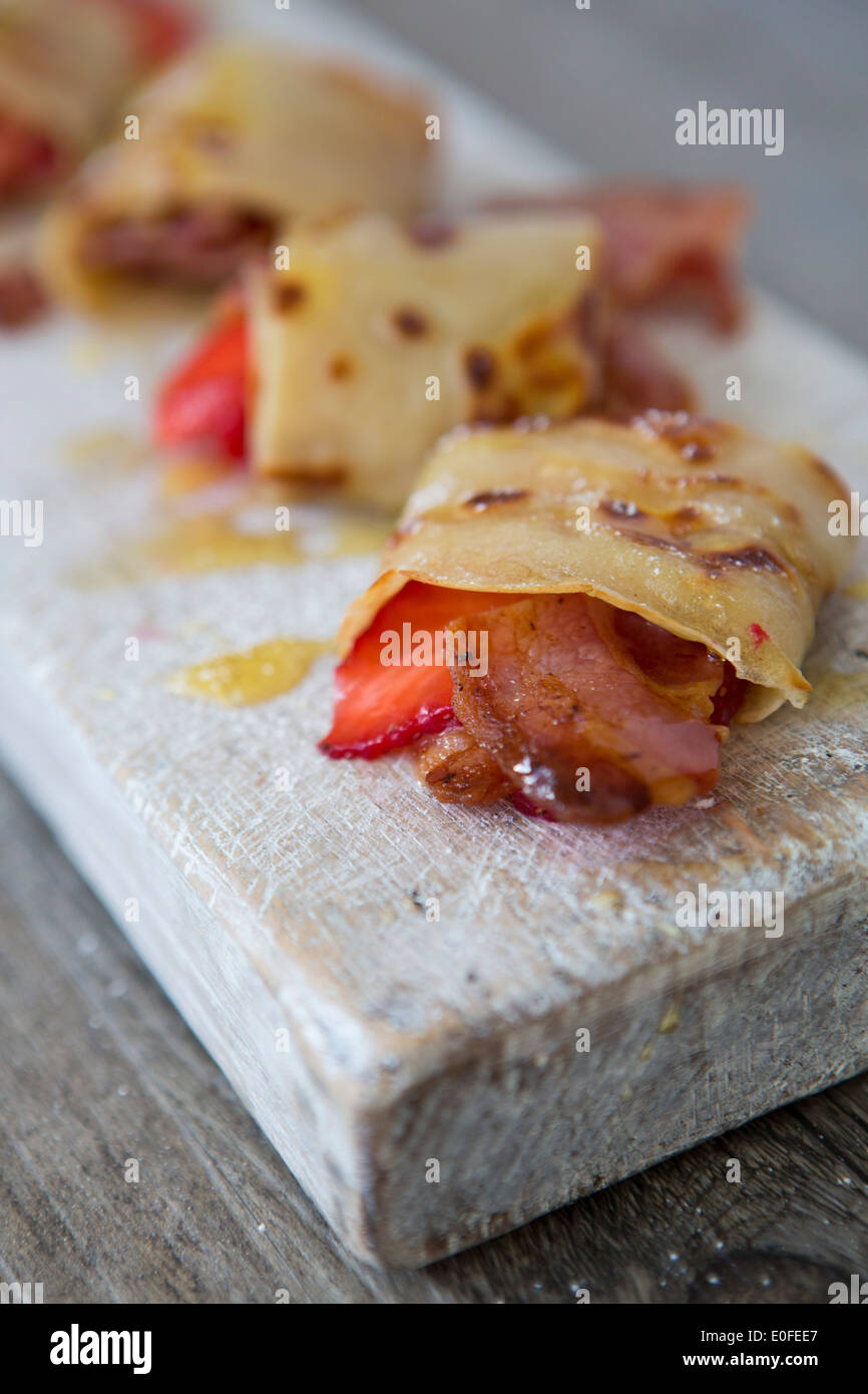 Bacon, Strawberry & Maple Syrup Savoury Pancakes Stock Photo
