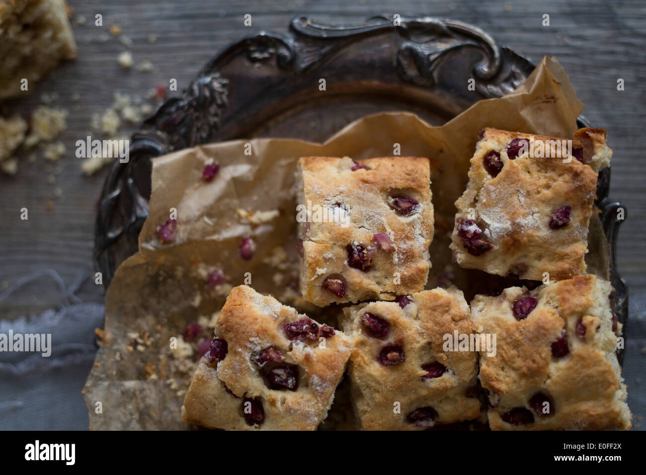 Pomegranate Scone Loaf cut into squares close up Stock Photo