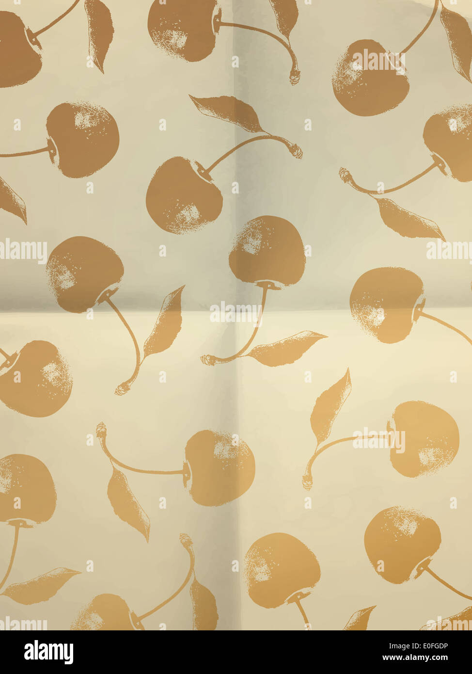 Wrapping paper with gold cherries on folded in four paper texture