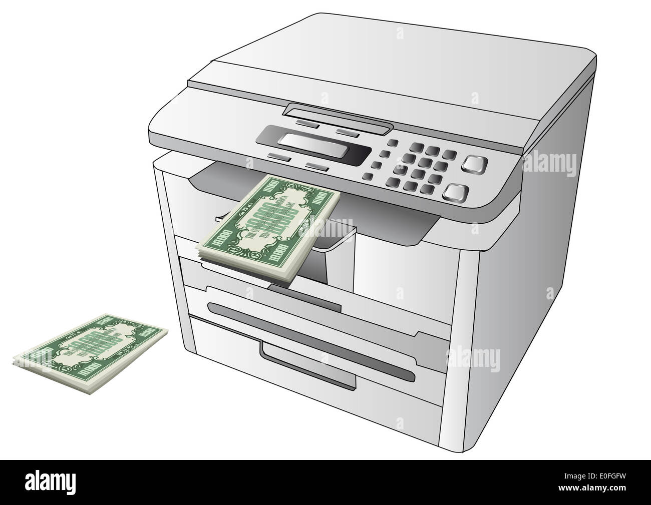 printing money. printer and abstract money on white background Stock
