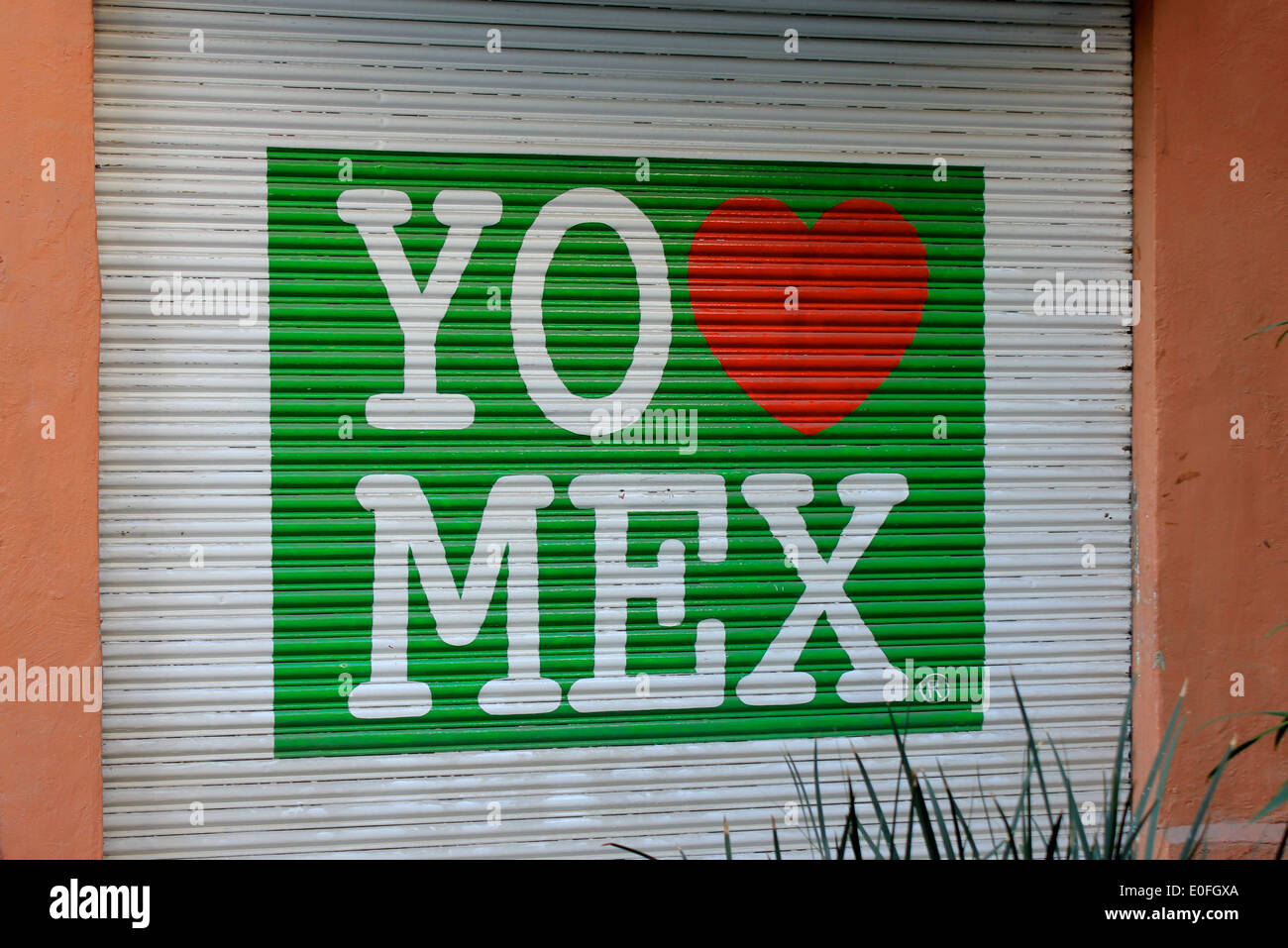Sign painted on metal garage door readying "Yo amo Mex" seen in La