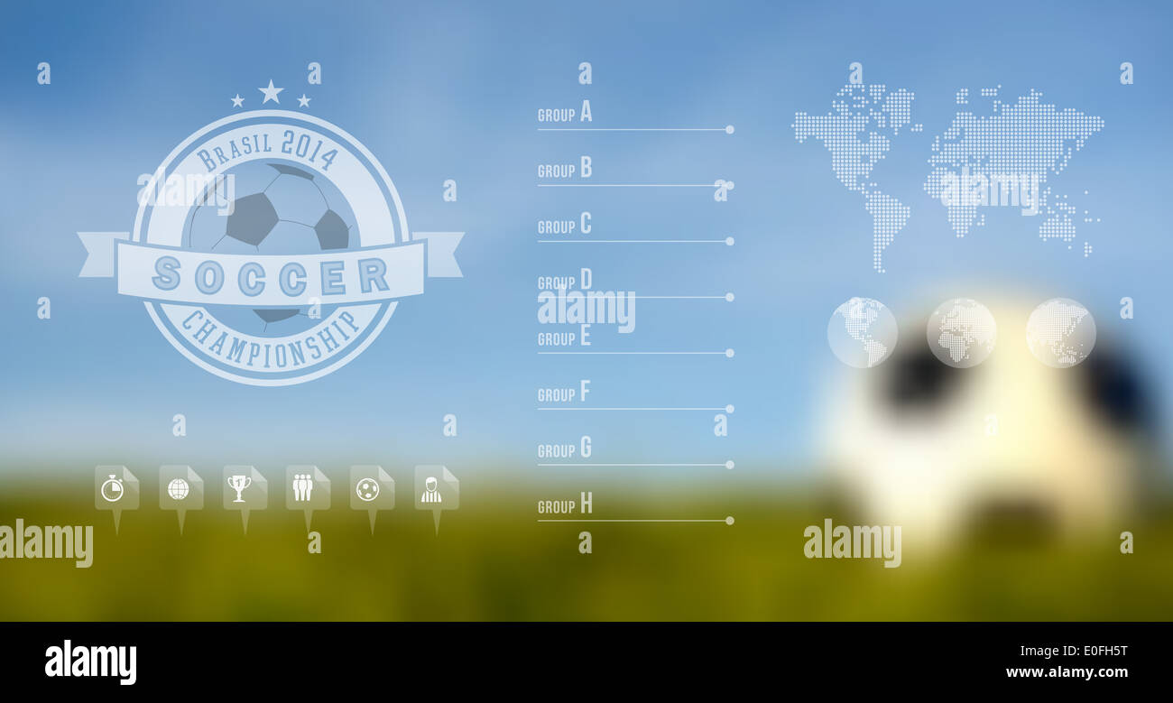Soccer game infographic with team lists and blur background of ball on grass field. Stock Photo