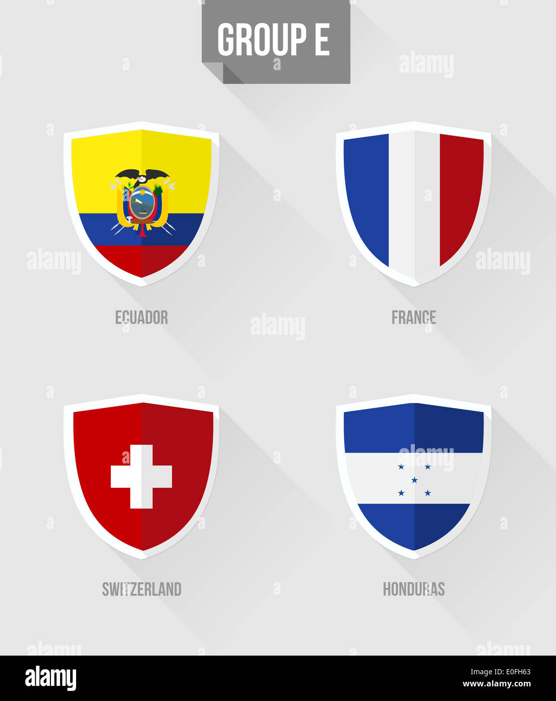 Brazil Soccer Championship 2014. Flat icons for Group E nation flags in shield sign: Ecuador, France, Switzerland, Honduras. EPS10 vector with transpa Stock Photo