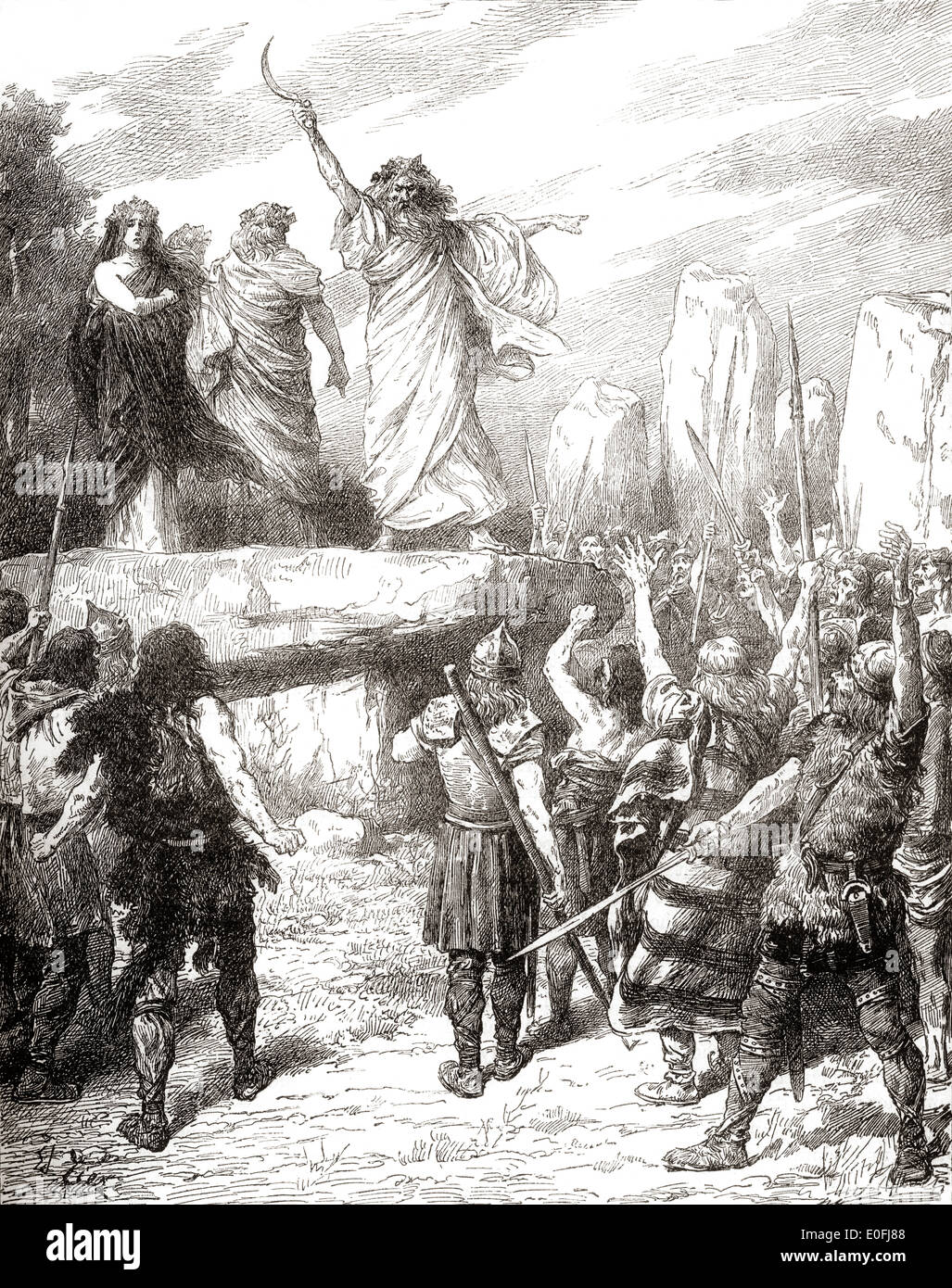Druids inciting the Britons to oppose the landing of the Romans in England in AD43. Stock Photo