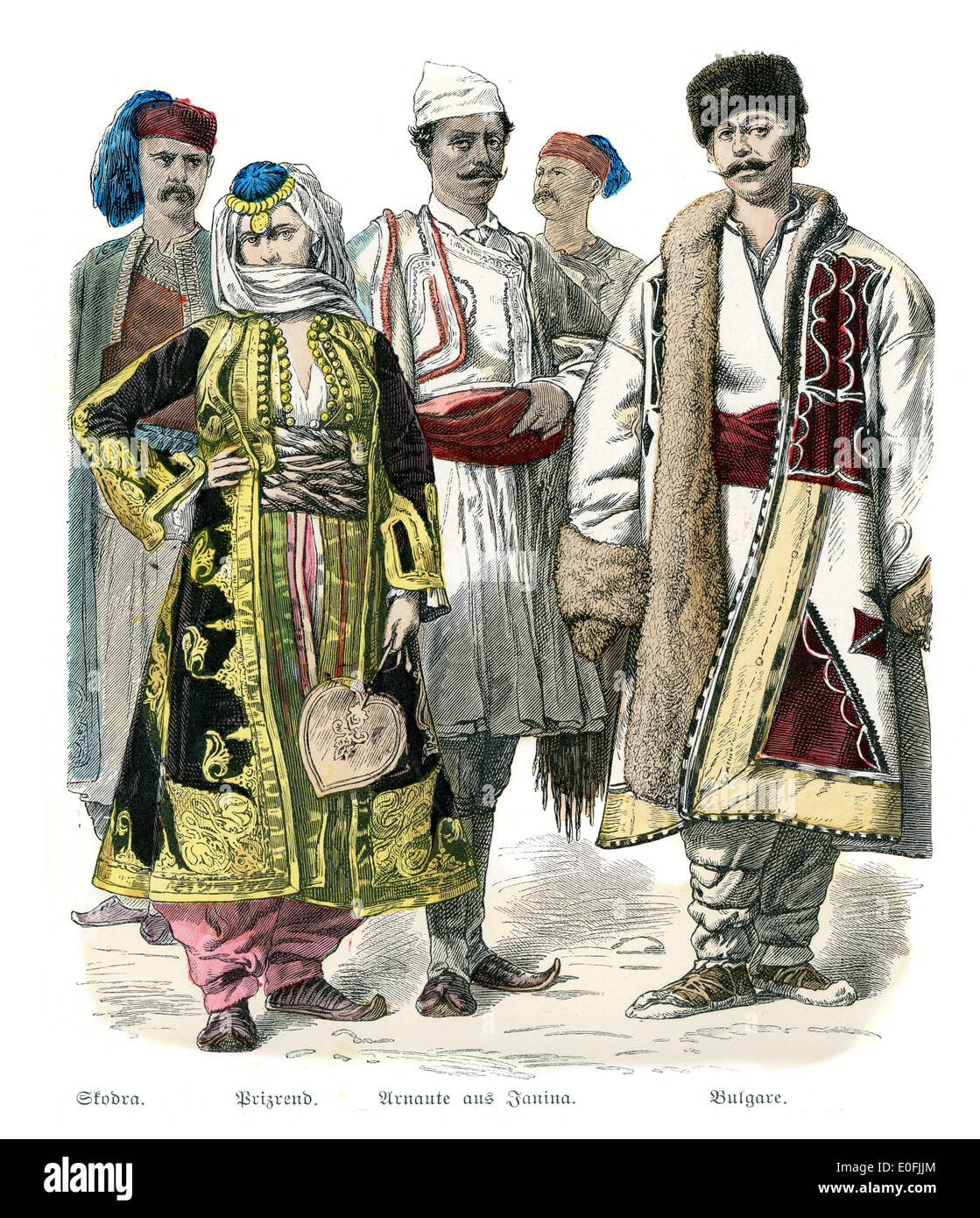 Traditional costumes of Turkey, 19th Century. Skodra, Prizrend, Arnaute of Janina, Bulgare Stock Photo