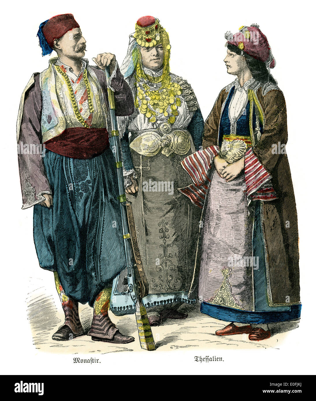 Traditional costumes of Turkey, 19th Century. Monastir and Thessalien. Stock Photo