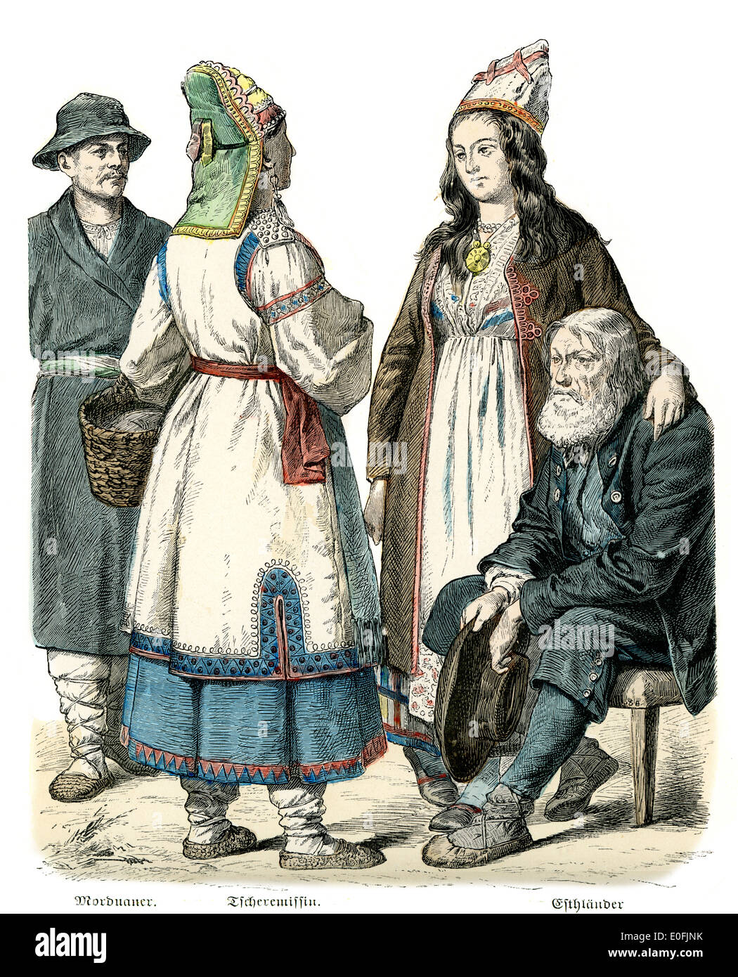Traditional costumes of Russia, 19th Century. Morduaner, Tscheremissin (Fins from the Volga) and Esthonian. Stock Photo
