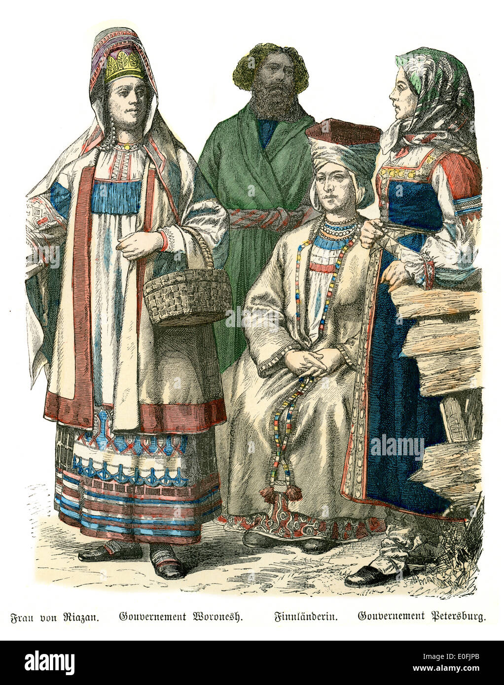 Traditional costumes of Russia, 19th Century. Woman of riazan, Government Woroneth, Finish woman, and Government Petrograd Stock Photo