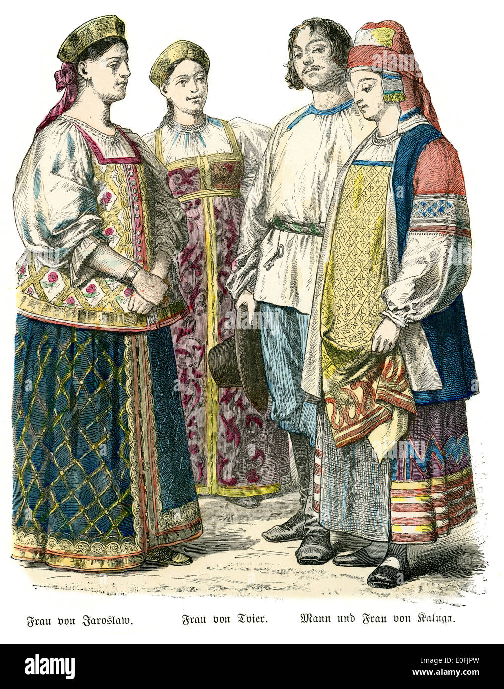 Traditional costumes of Russia, 19th Century. Woman of Jaroslaw, Woman of Tver, and man and woman of Kaluga. Stock Photo
