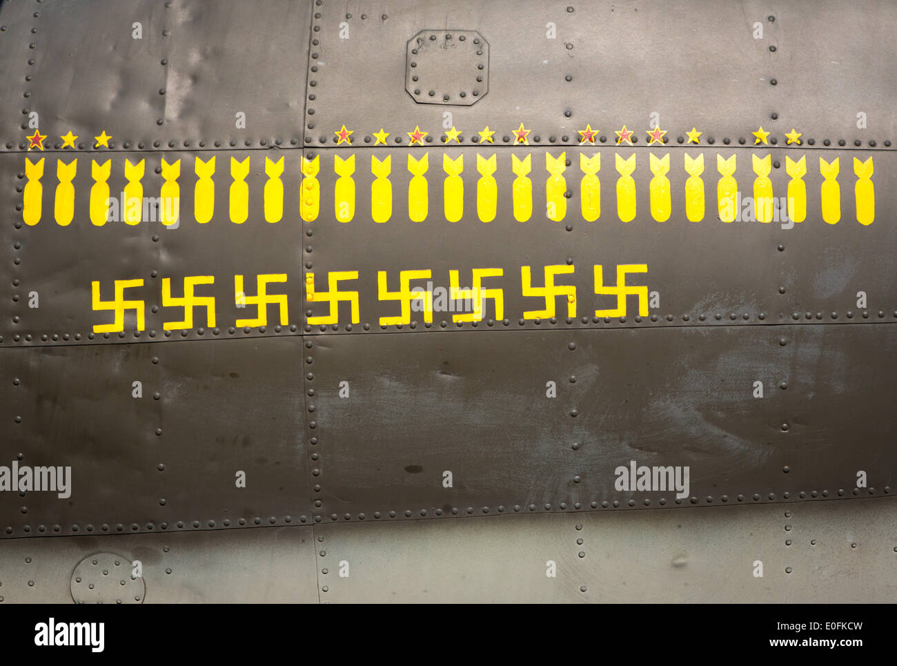 Flying Fortress, painted in the same guise as the famous B17 by the name Memphis Belle, in April 2014. Each bomb stands for a misson credit, each swastika for shot down German aircraft Stock Photo