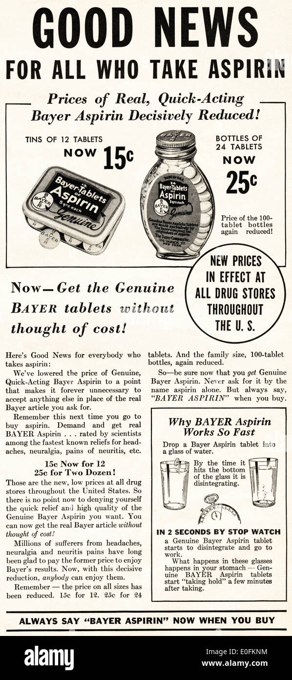 1930s advertisement for BAYER ASPIRIN in American magazine dated ...